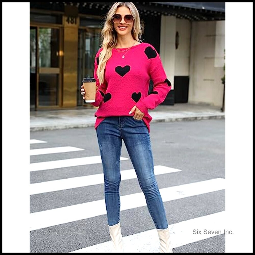Crew Neck Pullover Sweater Long Sleeve Knitted Casual Y2K Cute Heart Pattern - Picture 4 of 7